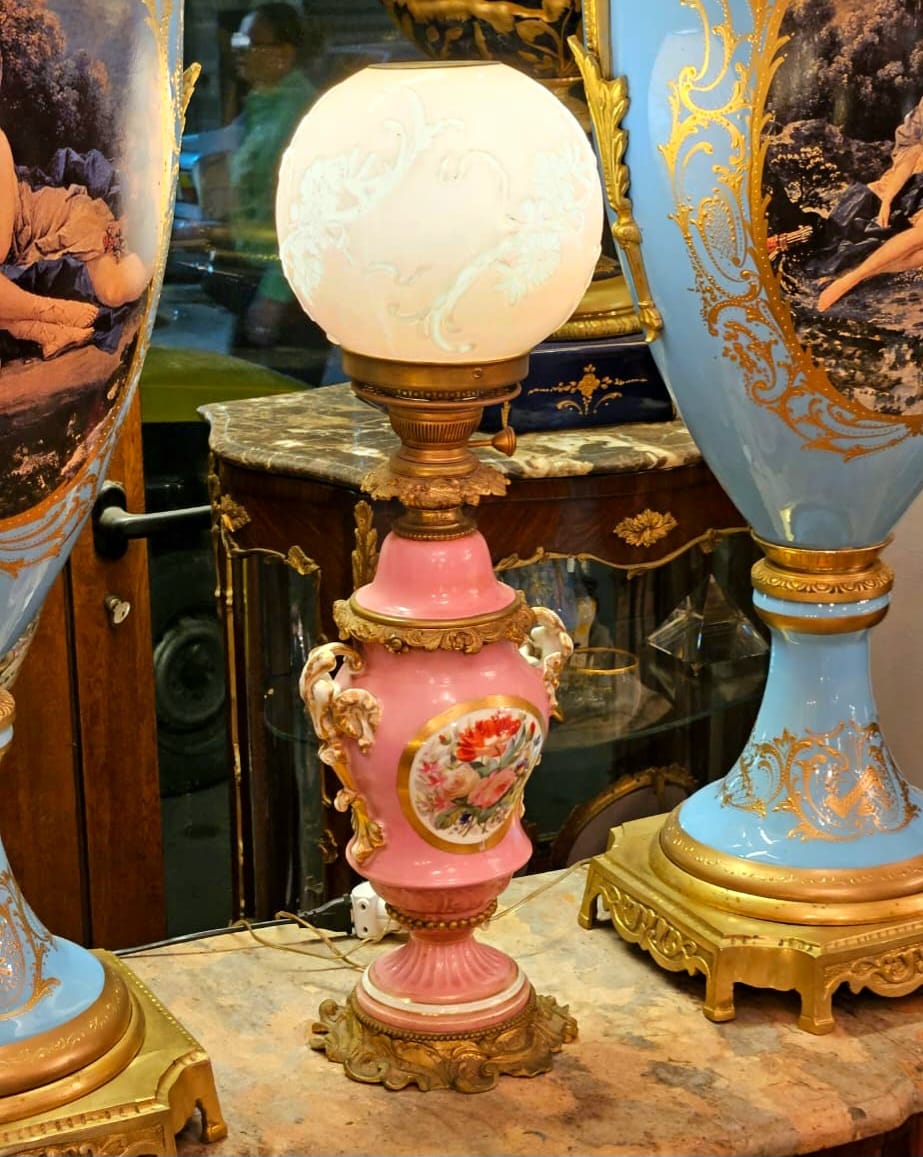 French Style Pink Porcelain Table Lamp with Gold Gilt Bronze Details