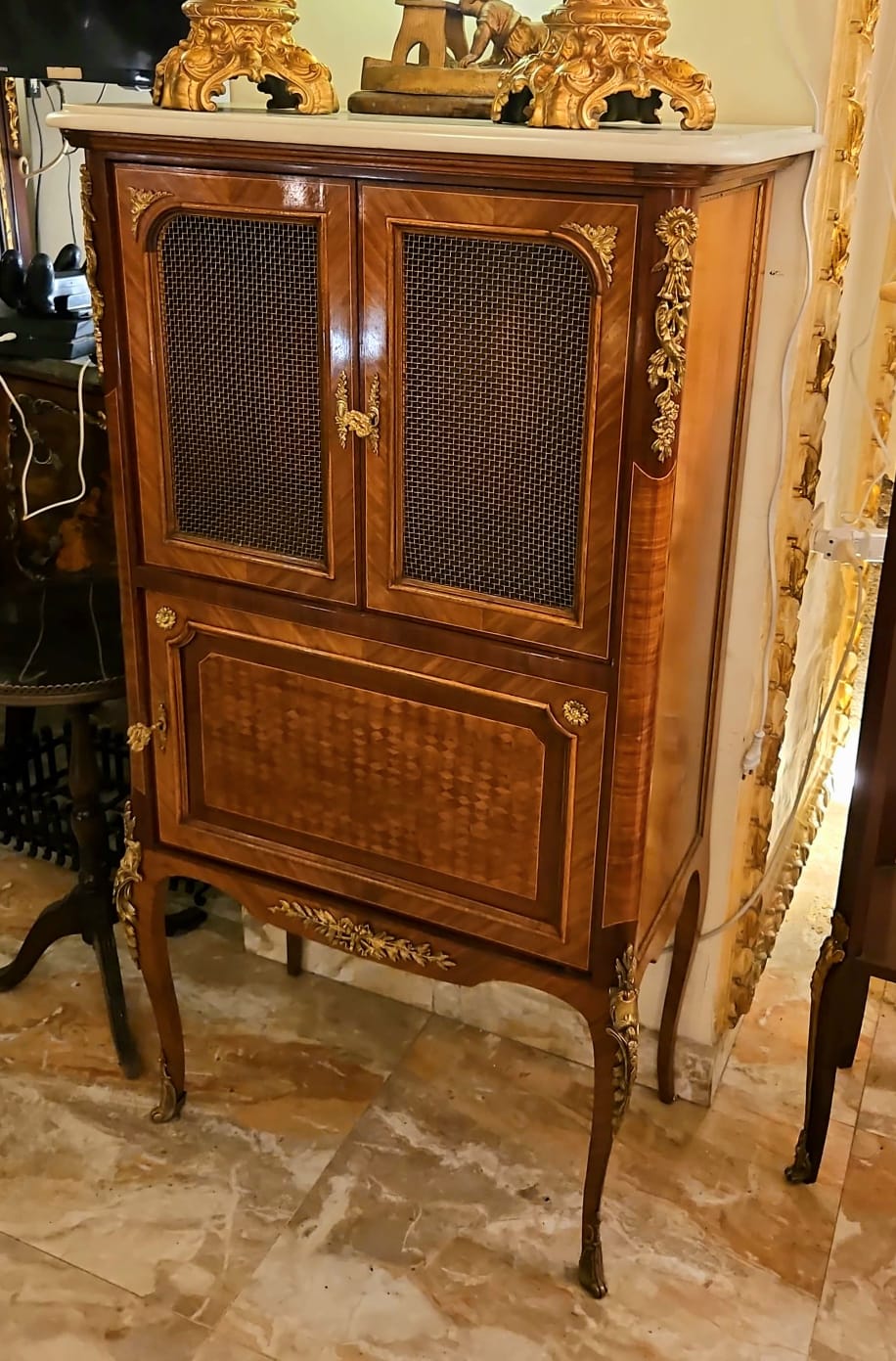 French Louis XVI Tall Commode Cabinet with Marble Top and Ornate Gold Accents