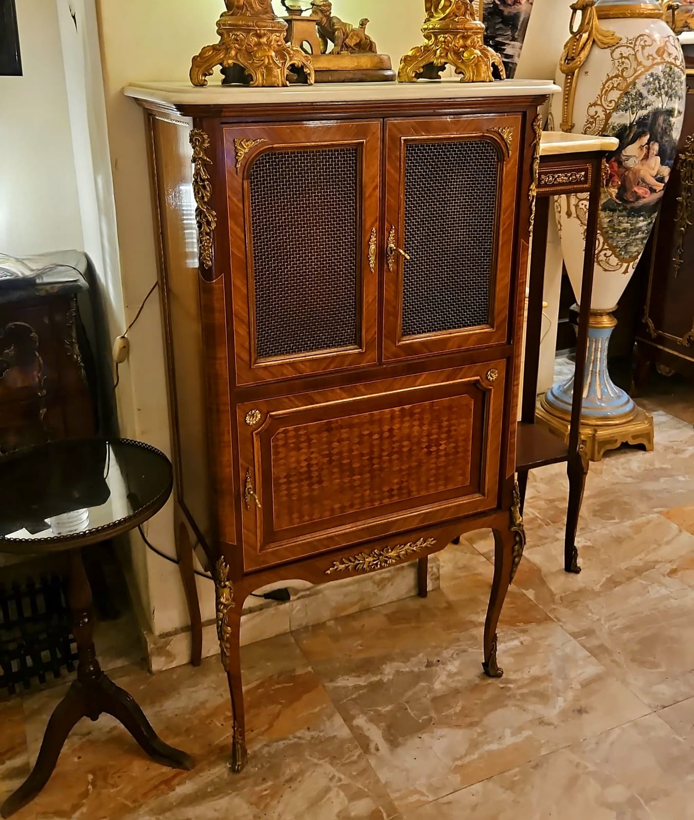 French Louis XVI Tall Commode Cabinet with Marble Top and Ornate Gold Accents