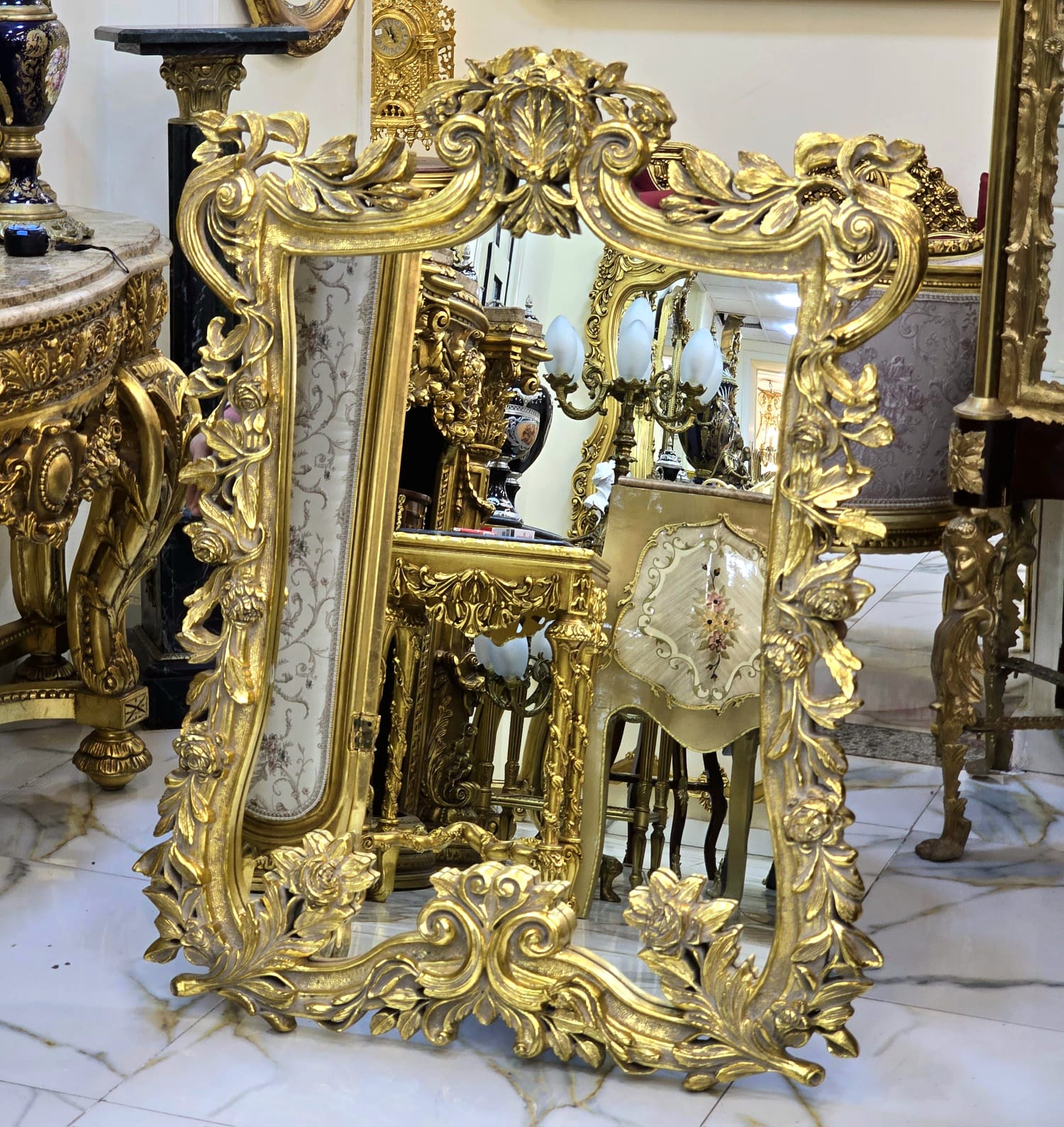 Vintage French Baroque Wall Mirror – Ornate Rococo Gold Leaf Frame