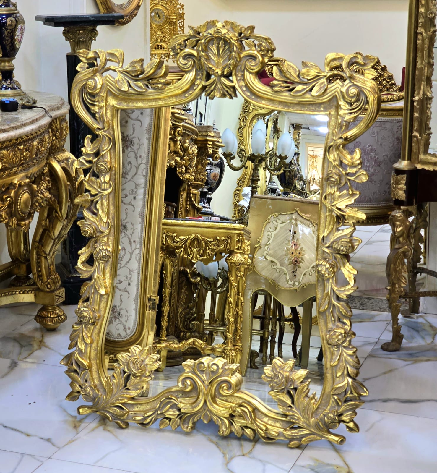 Vintage French Baroque Wall Mirror – Ornate Rococo Gold Leaf Frame