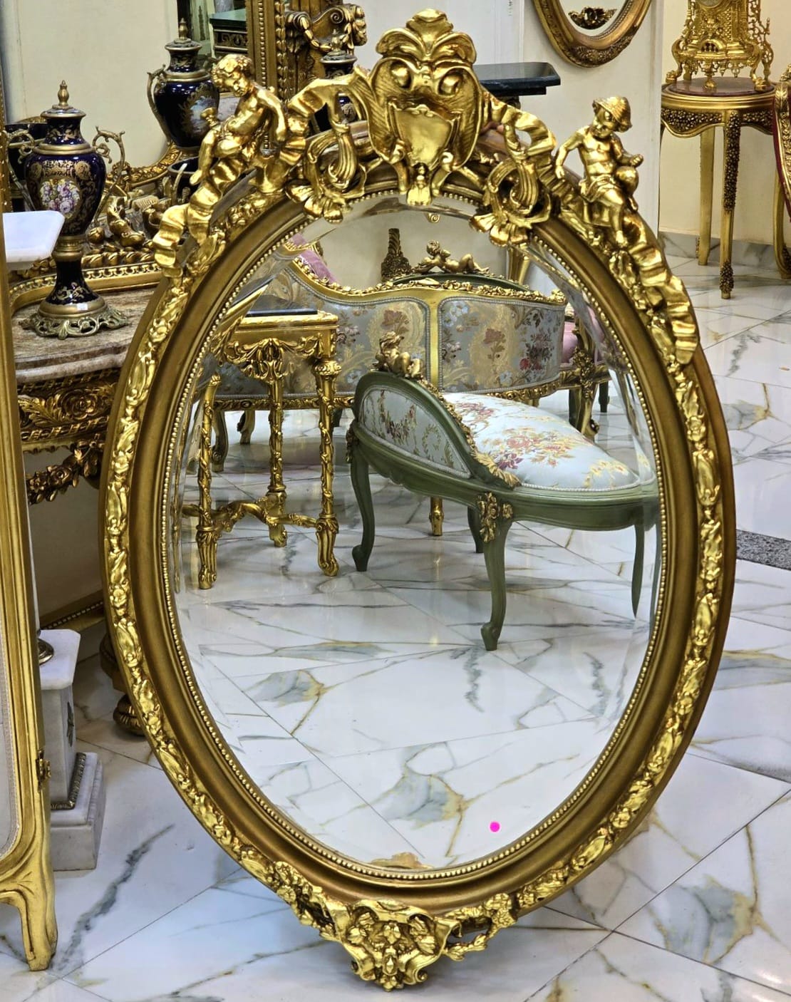 French Cherub Wall Mirror – Hand Carved Gold Leaf Frame with Ornate Floral Details
