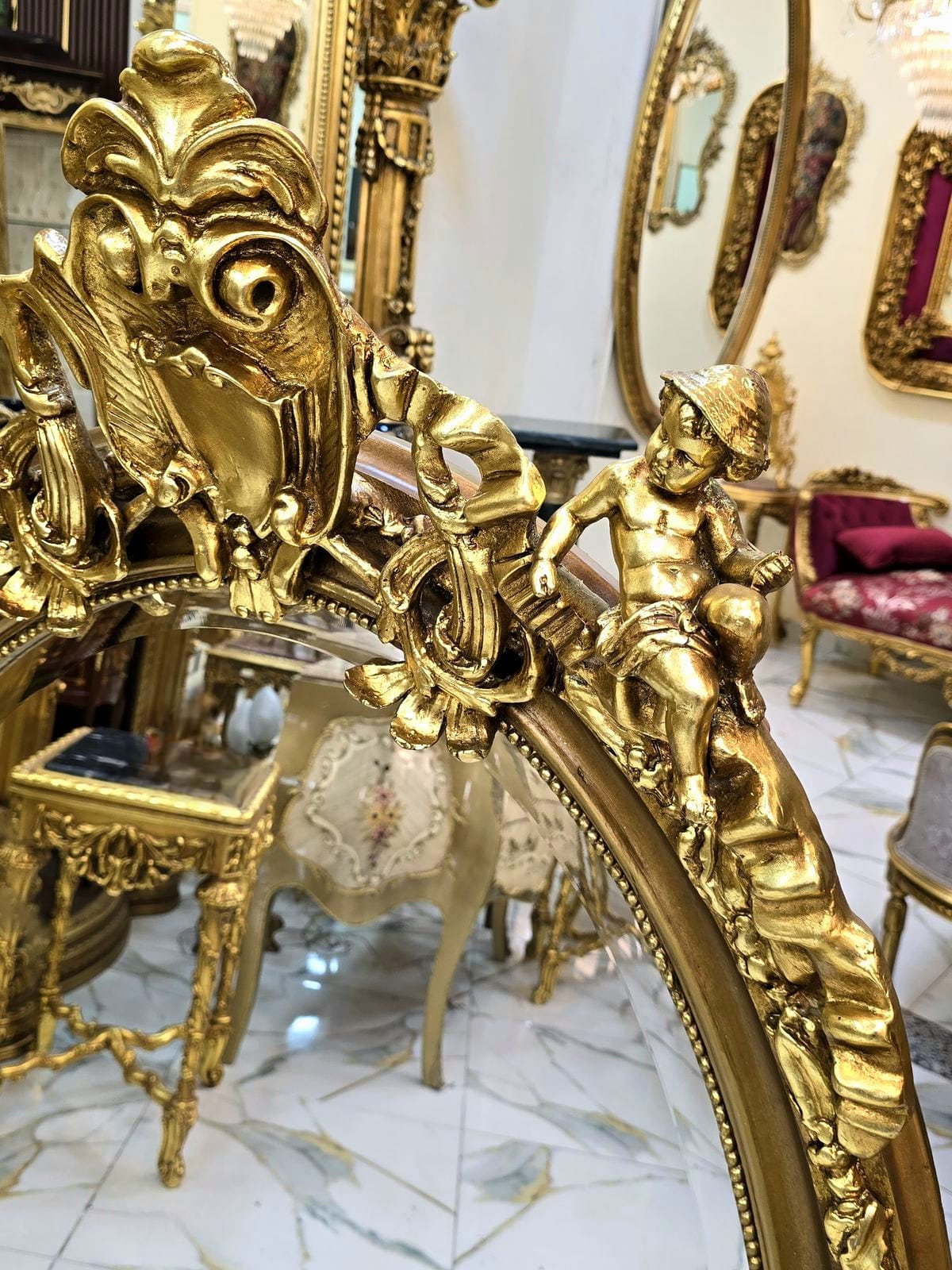 French Cherub Wall Mirror – Hand Carved Gold Leaf Frame with Ornate Floral Details