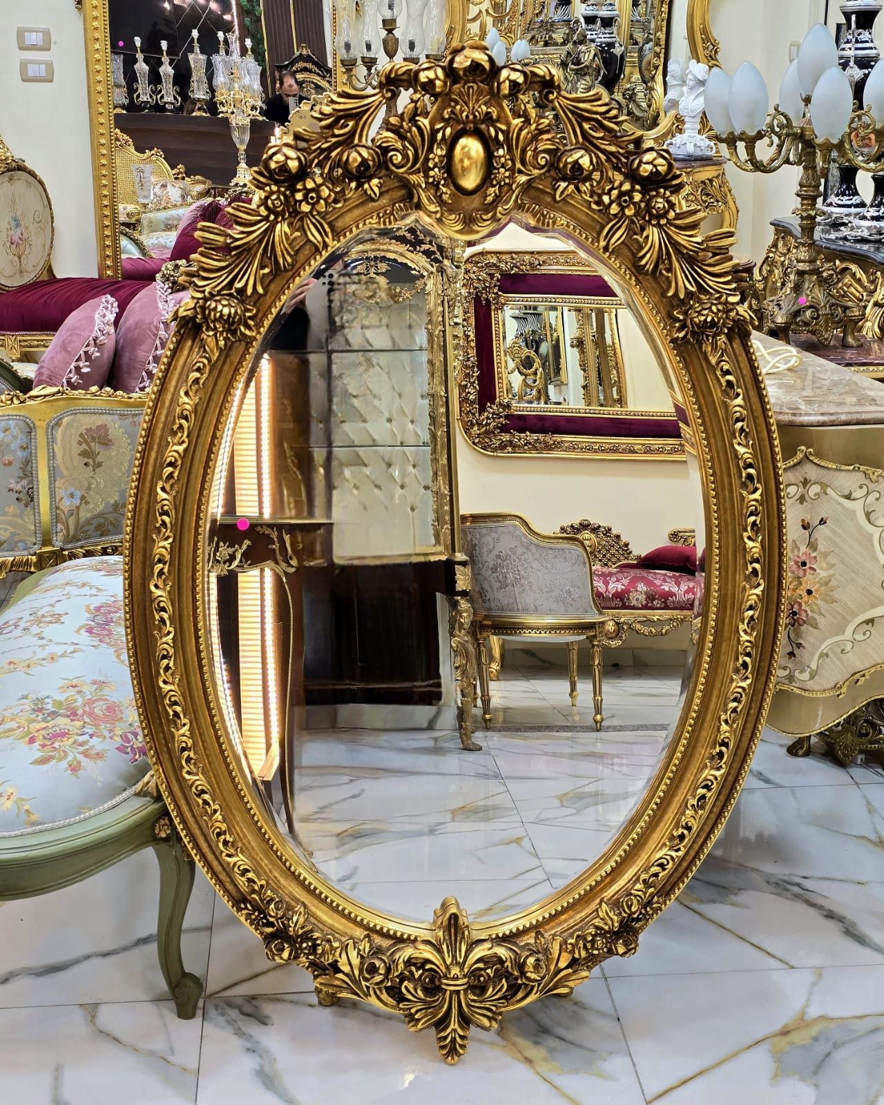 French Oval Wall Mirror – Hand Carved Gold Leaf Frame with Ornate Floral Details