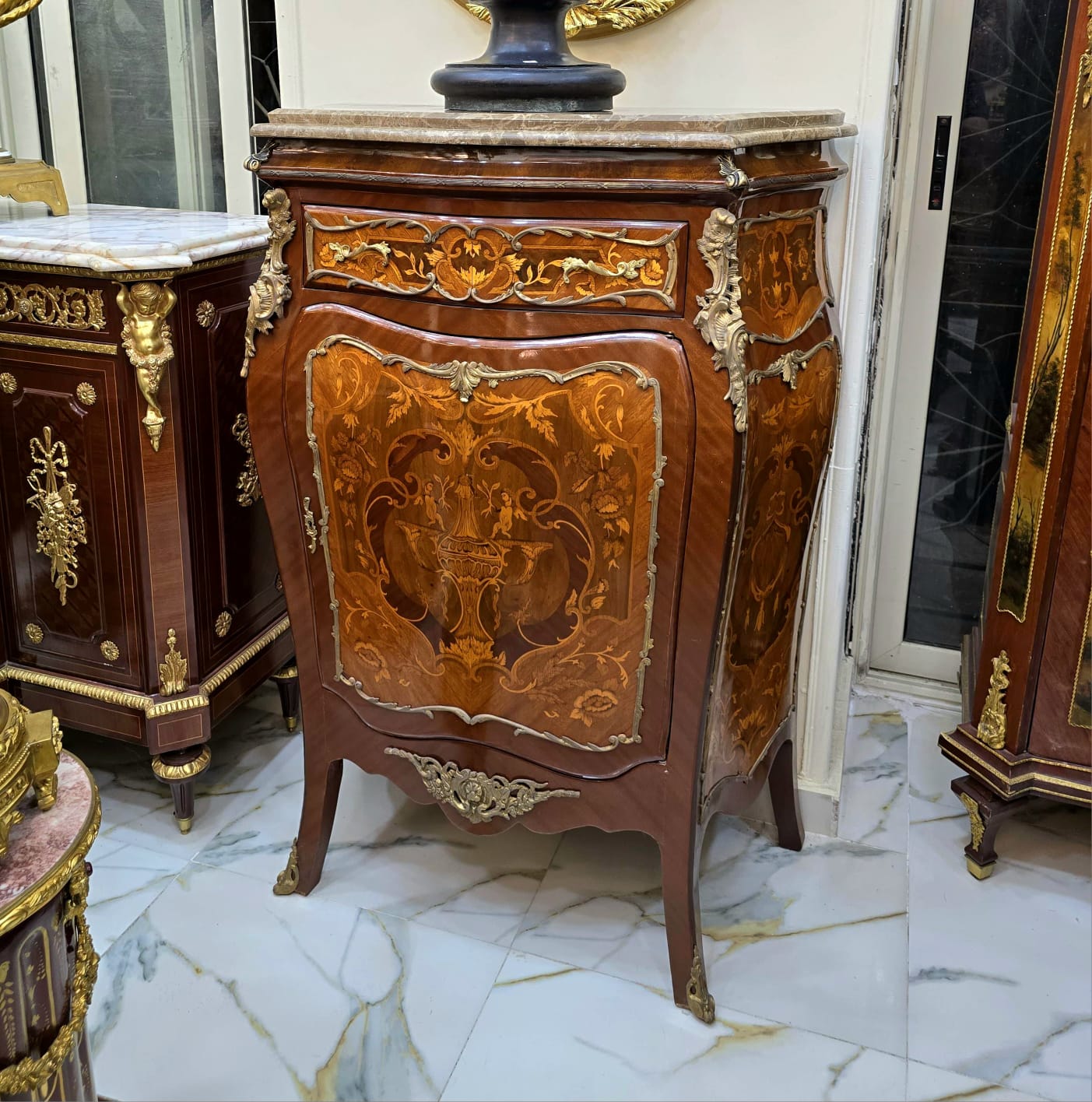 Louis XVI Style Marble Top Commode Cabinet – Luxury Marquetry with Gold Leaf Details