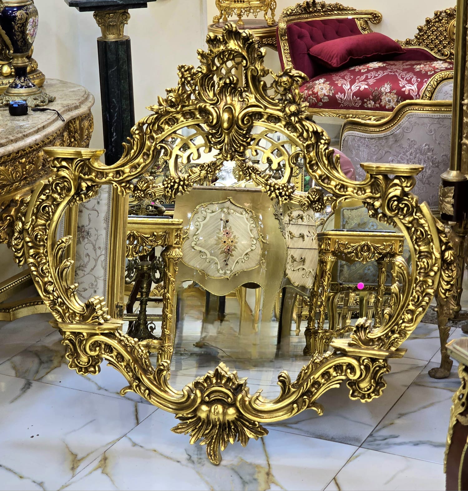 Vintage French Baroque Wall Mirror – Ornate Gold Leaf Botanical Frame