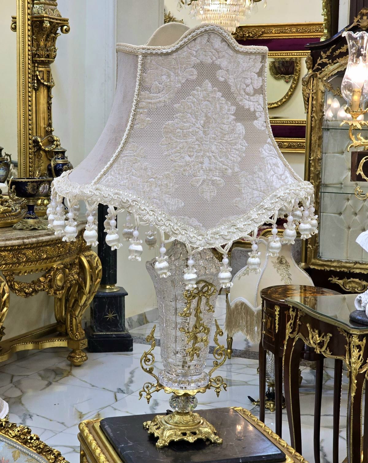 Romantic French Crystal Table Lamp – Ornate Gold Leaf Crystal Base with Hanging Details