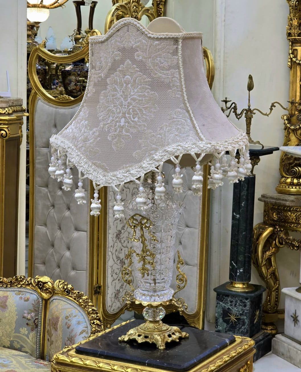 Romantic French Crystal Table Lamp – Ornate Gold Leaf Crystal Base with Hanging Details