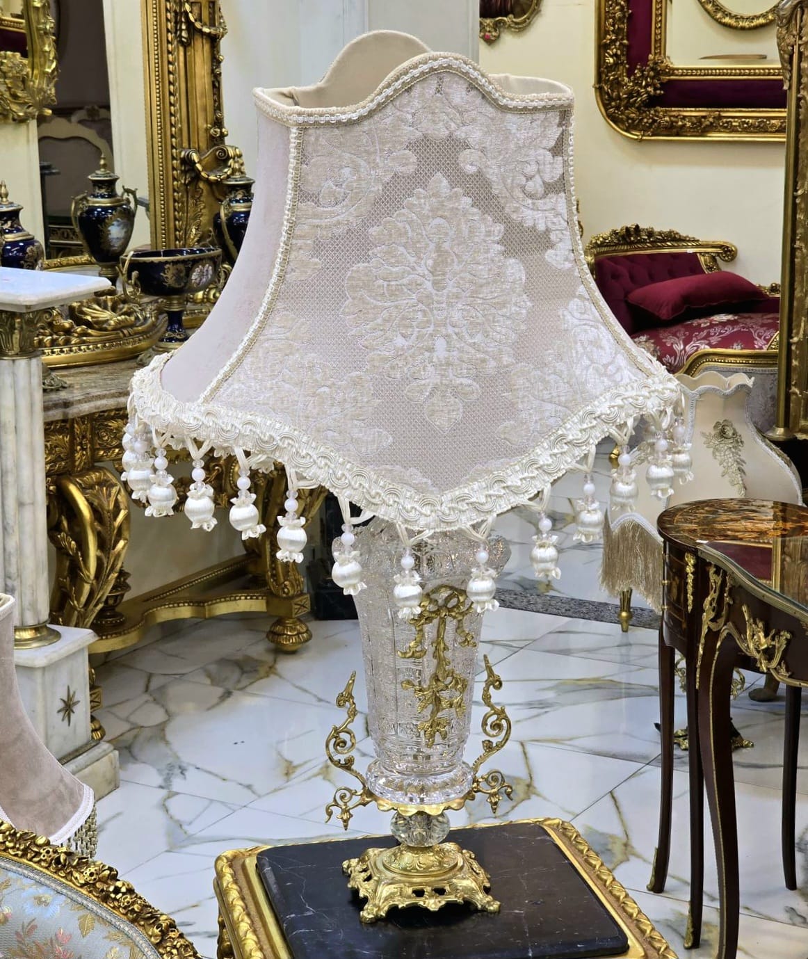 Romantic French Crystal Table Lamp – Ornate Gold Leaf Crystal Base with Hanging Details