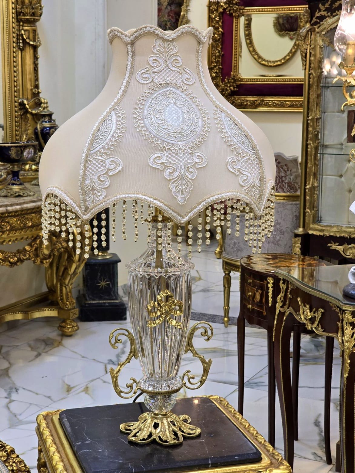 French Crystal Beige Table Lamp – Ornate Gold Leaf Base with Beaded Fringe Shade