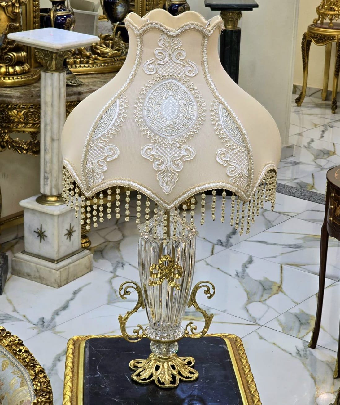 French Crystal Beige Table Lamp – Ornate Gold Leaf Base with Beaded Fringe Shade
