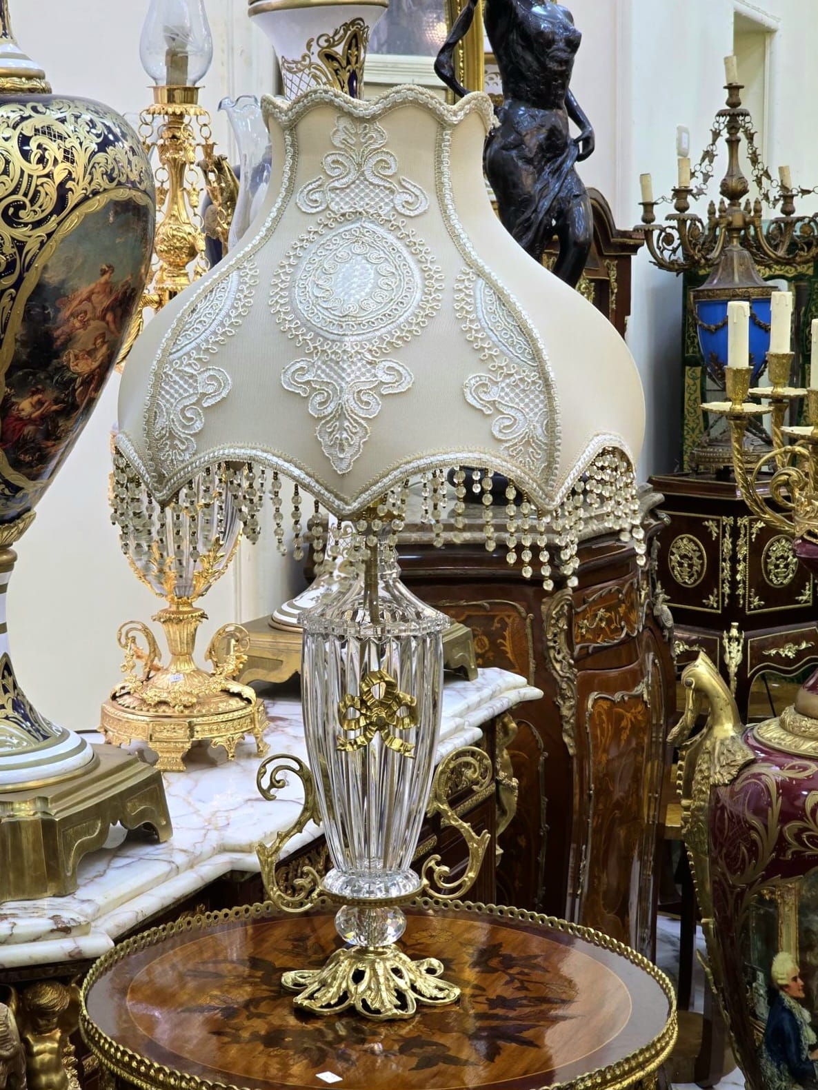 French Crystal Beige Table Lamp – Ornate Gold Leaf Base with Beaded Fringe Shade