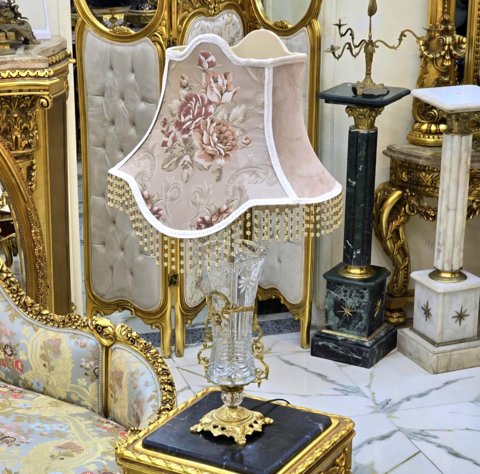 Romantic French Crystal Table Lamp – Blush Pink Shade with Gold Leaf & Hanging Crystal Details