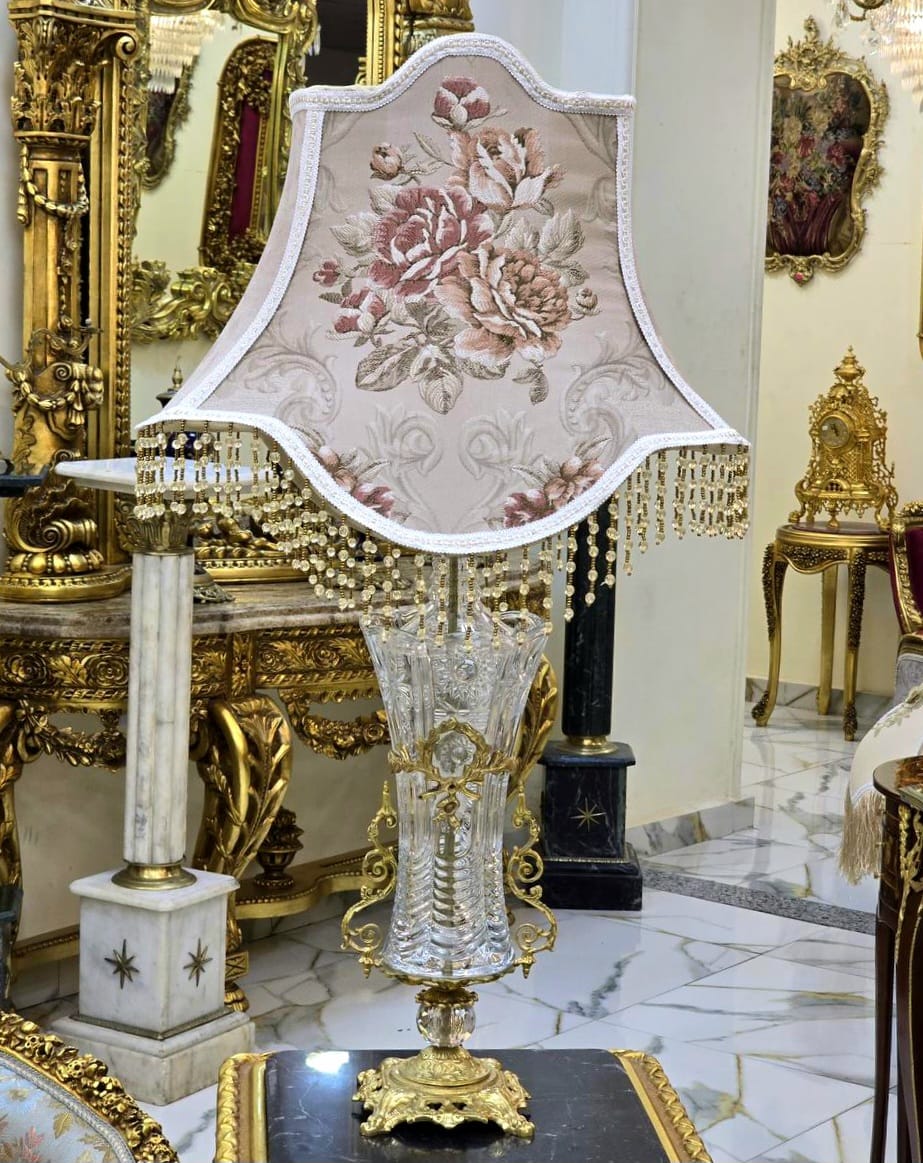 Romantic French Crystal Table Lamp – Blush Pink Shade with Gold Leaf & Hanging Crystal Details