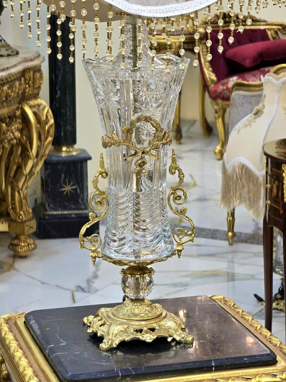Romantic French Crystal Table Lamp – Blush Pink Shade with Gold Leaf & Hanging Crystal Details
