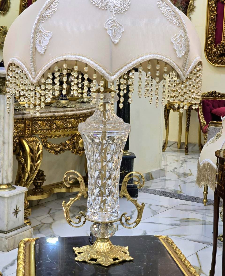 French Crystal Table Lamp – Ornate Gold Leaf Base with Beaded Fringe Shade