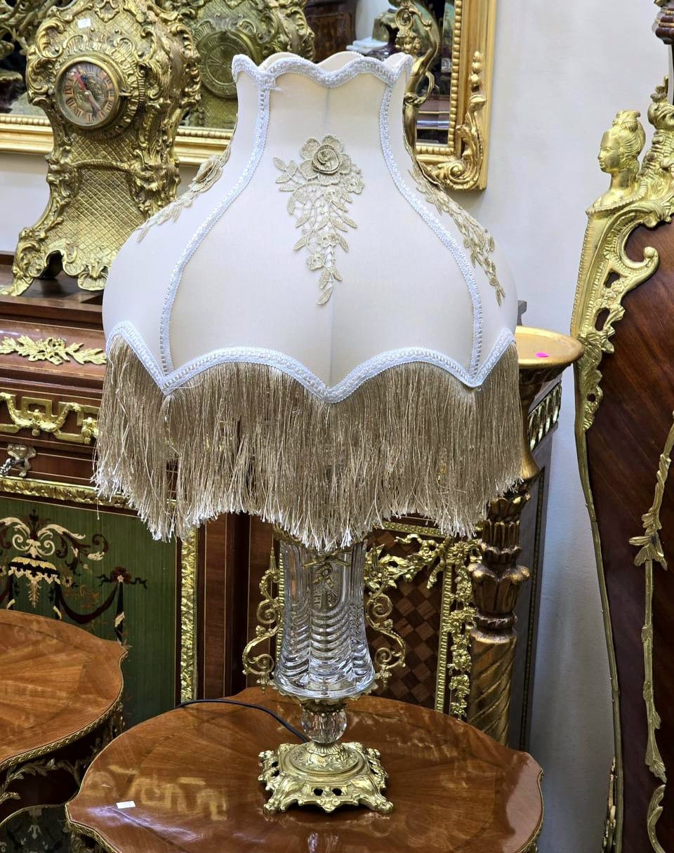 French Crystal Table Lamp – Beige & Ivory Shade with Gold Thread Fringe and Ornate Gold Leaf Base