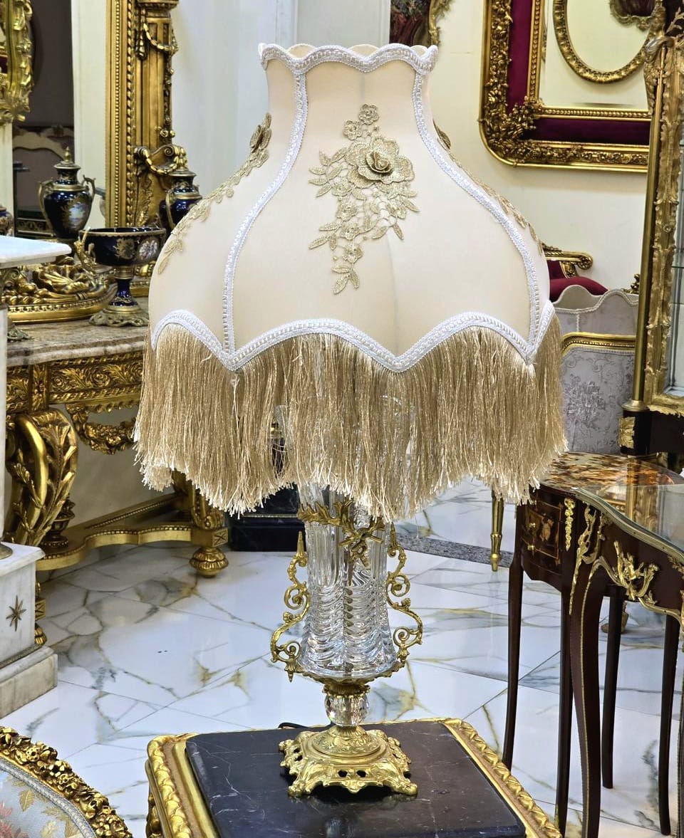French Crystal Table Lamp – Beige & Ivory Shade with Gold Thread Fringe and Ornate Gold Leaf Base