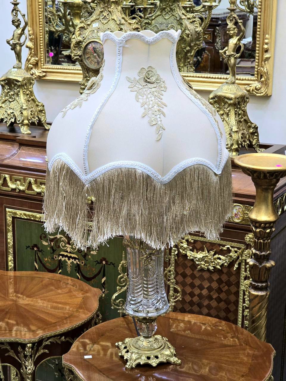 French Crystal Table Lamp – Beige & Ivory Shade with Gold Thread Fringe and Ornate Gold Leaf Base
