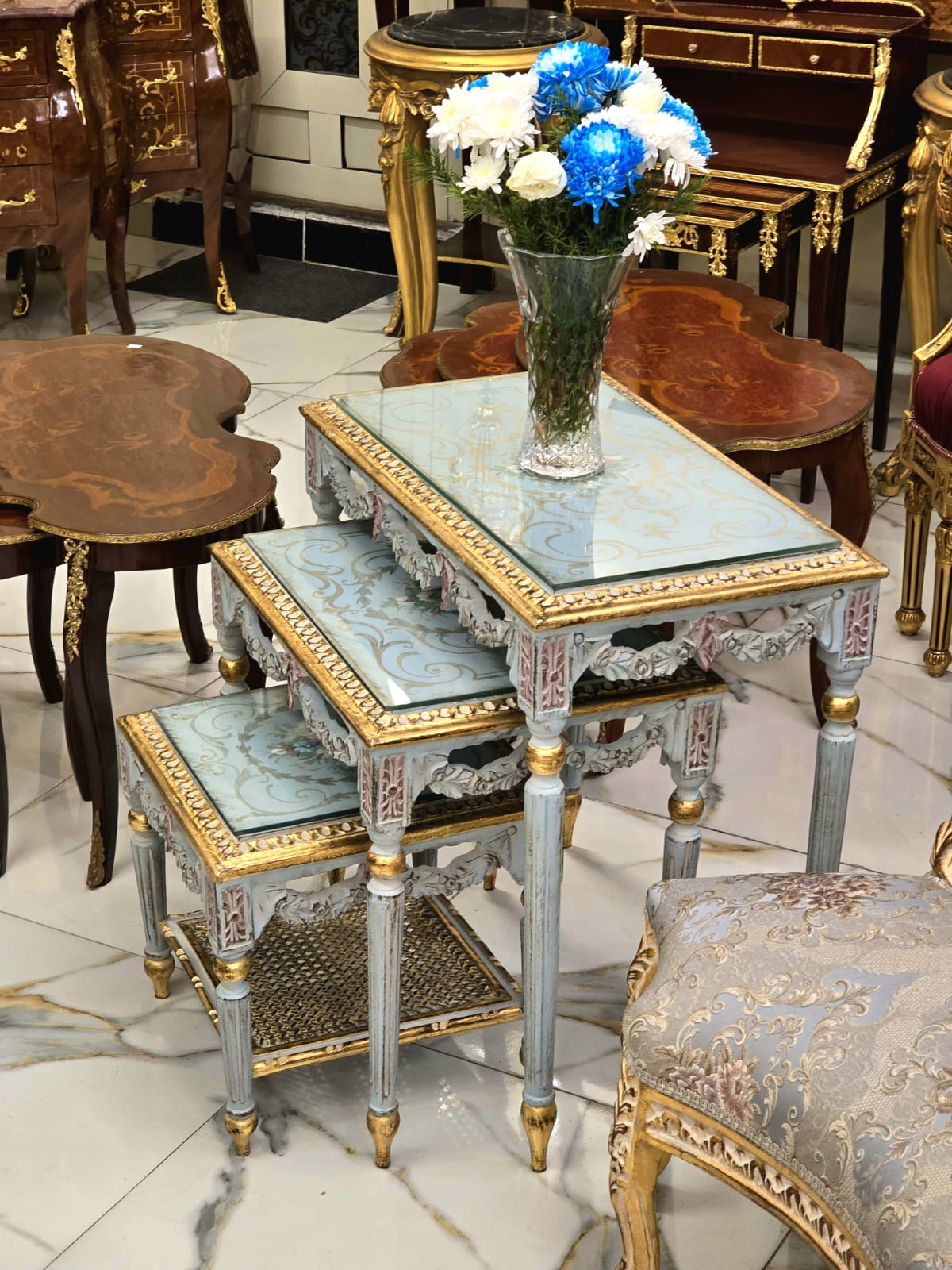 French Style Nesting Tables – Set of 3 with Glass Tops, Soft Blue Finish & Gold Leaf Details