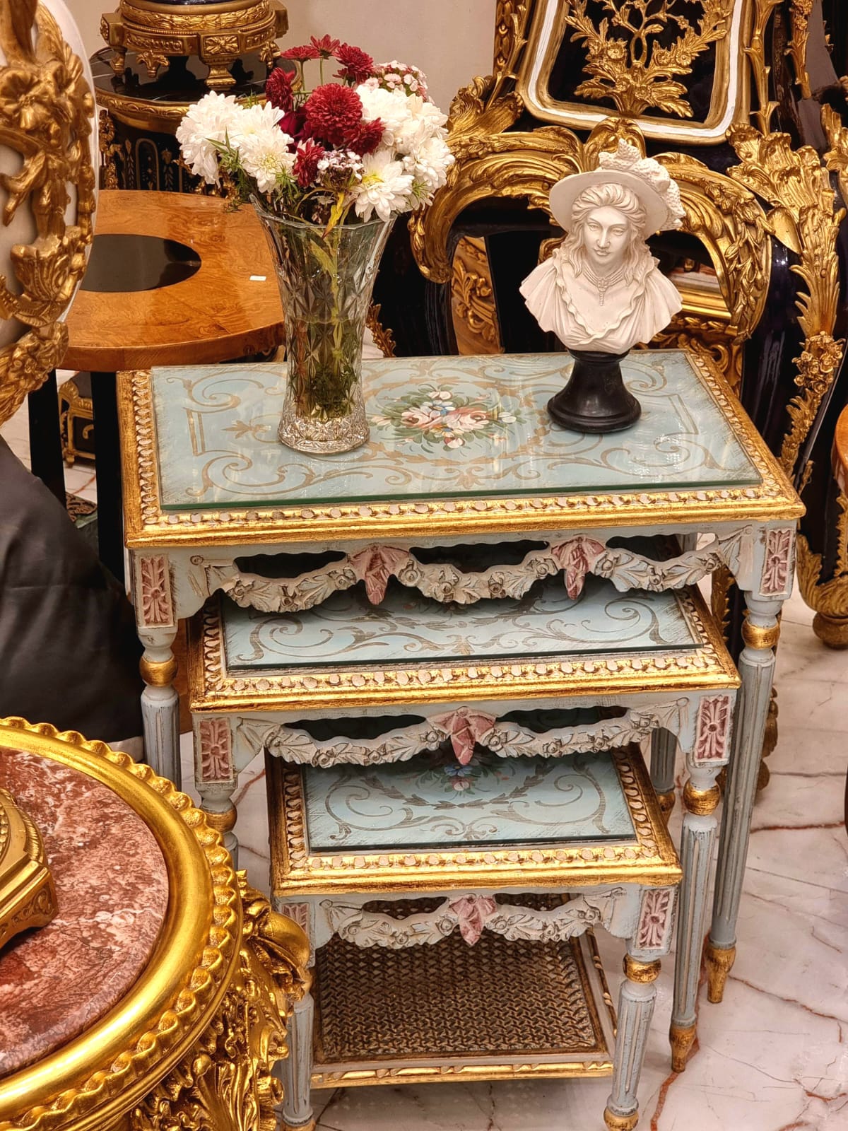 French Style Nesting Tables – Set of 3 with Glass Tops, Soft Blue Finish & Gold Leaf Details