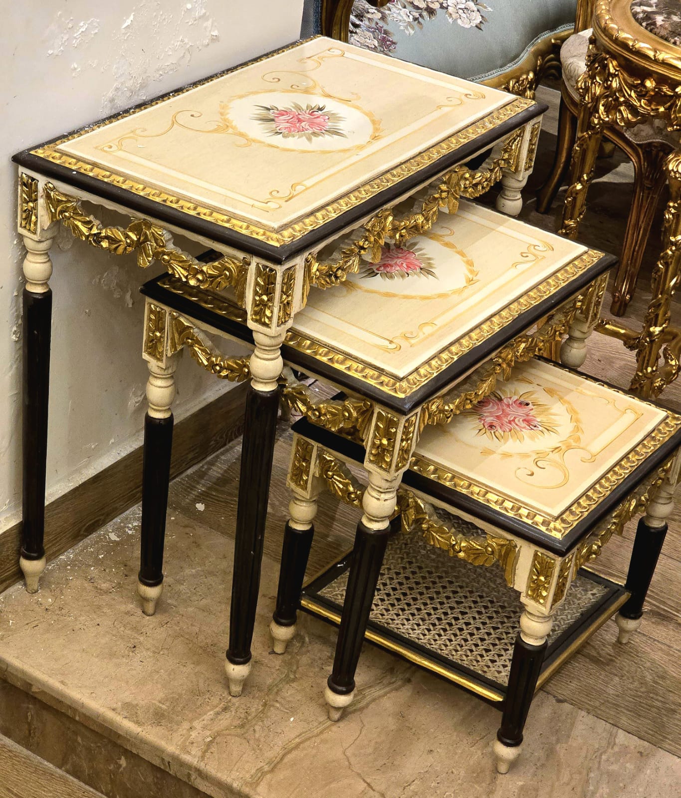 French Style Nesting Tables – Set of 3 with Glass Tops, Black Frames & Floral Center Detail