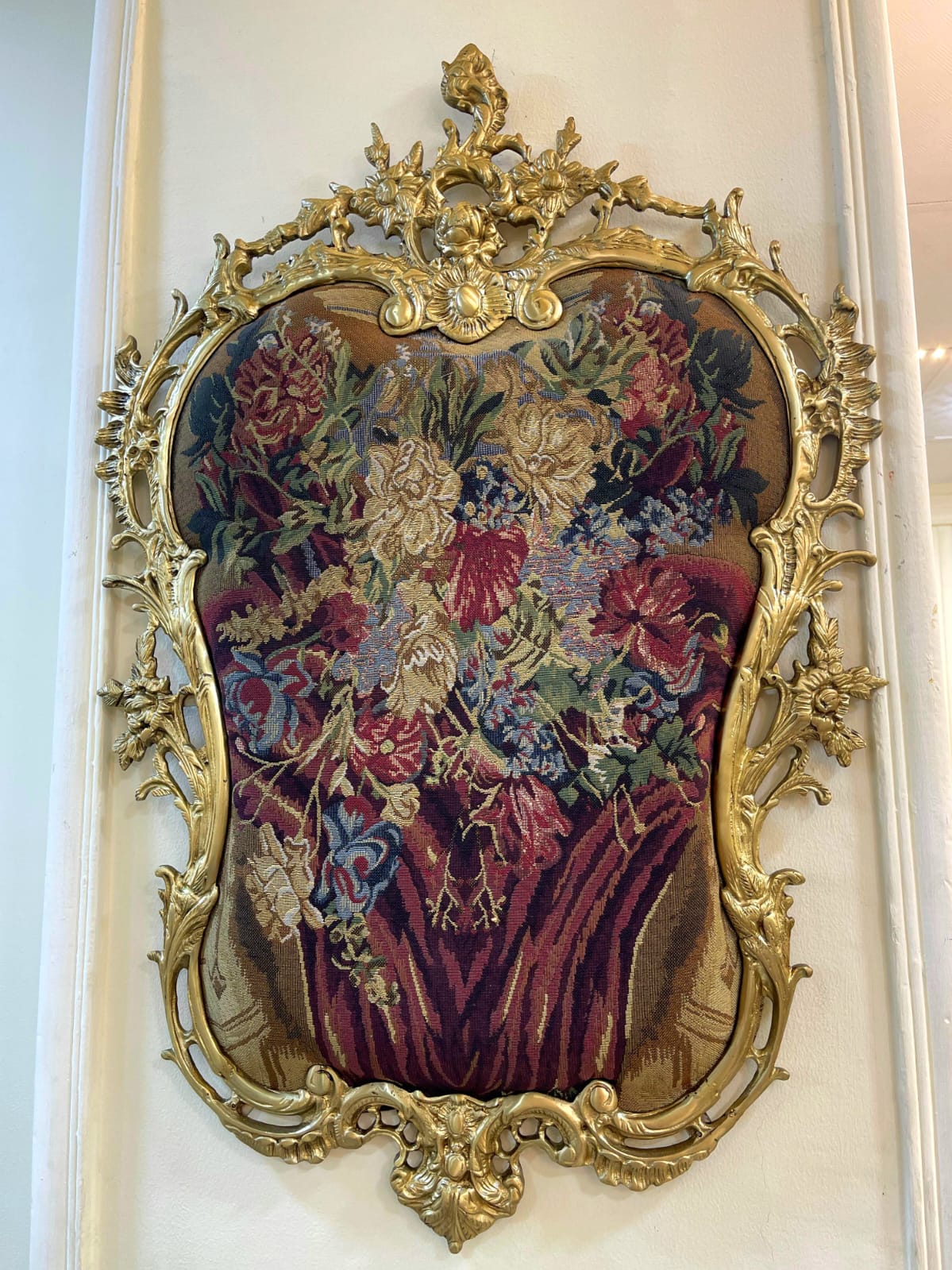 Rococo Gobelin Wall Tapestry – Floral Still Life with Gold Leaf Frame