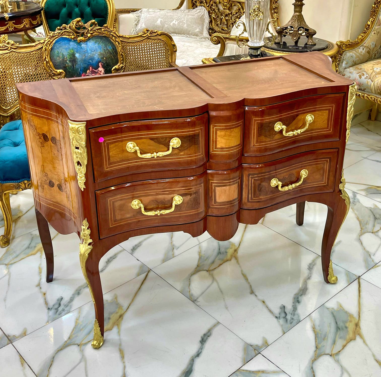 Louis XVI Style Wooden Commode with Marble Top, Gold Leaf Handles & 4 Drawers