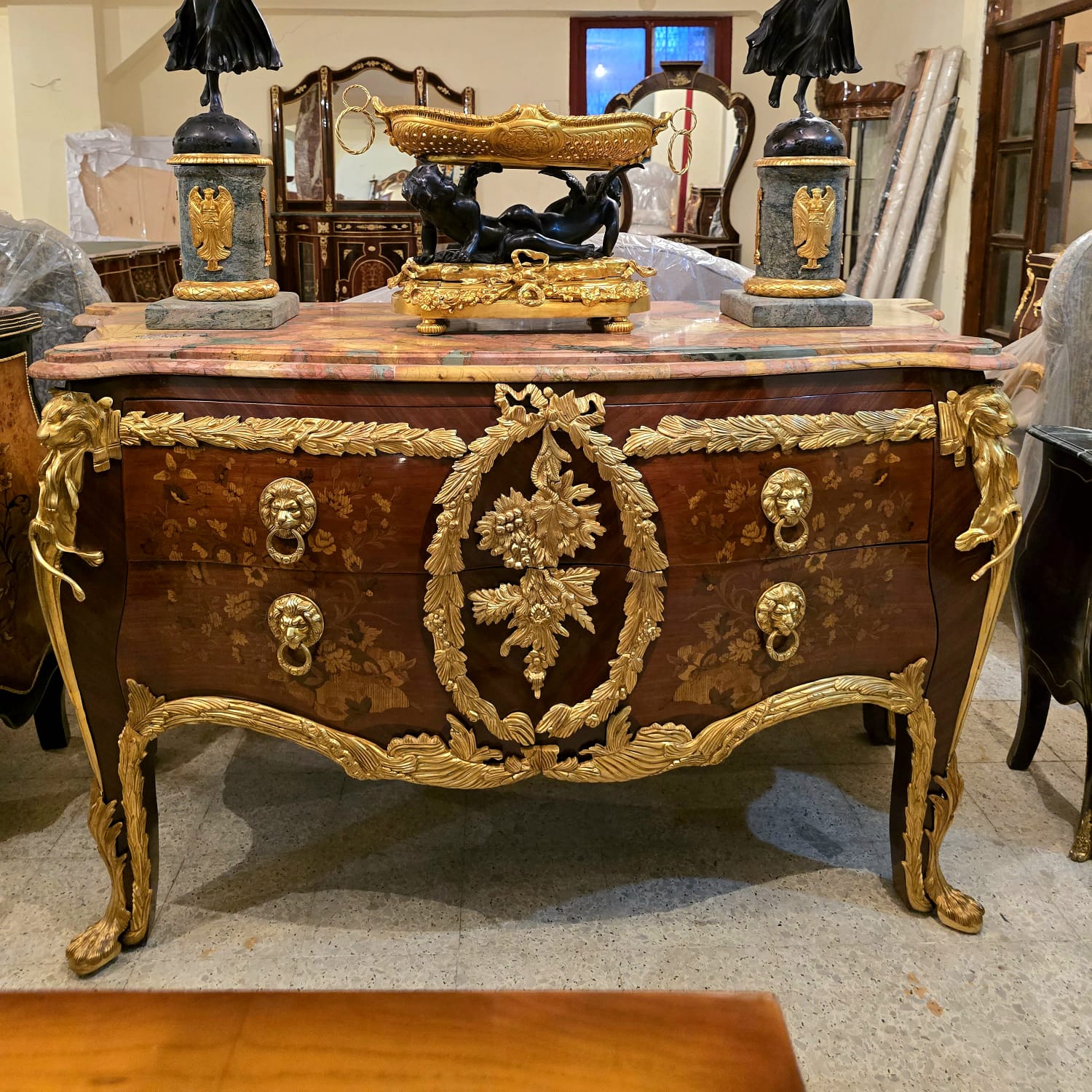 Large French Louis XV Style Commode – Marble Top Dresser with Bronze & Gold Details, Luxury 2 Drawer Chest