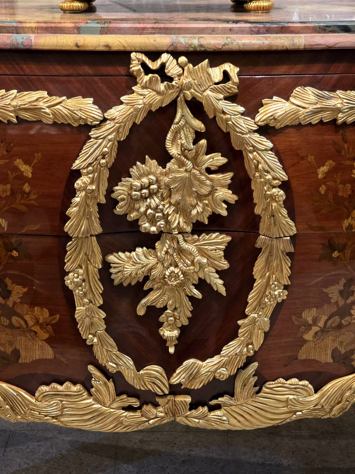 Large French Louis XV Style Commode – Marble Top Dresser with Bronze & Gold Details, Luxury 2 Drawer Chest