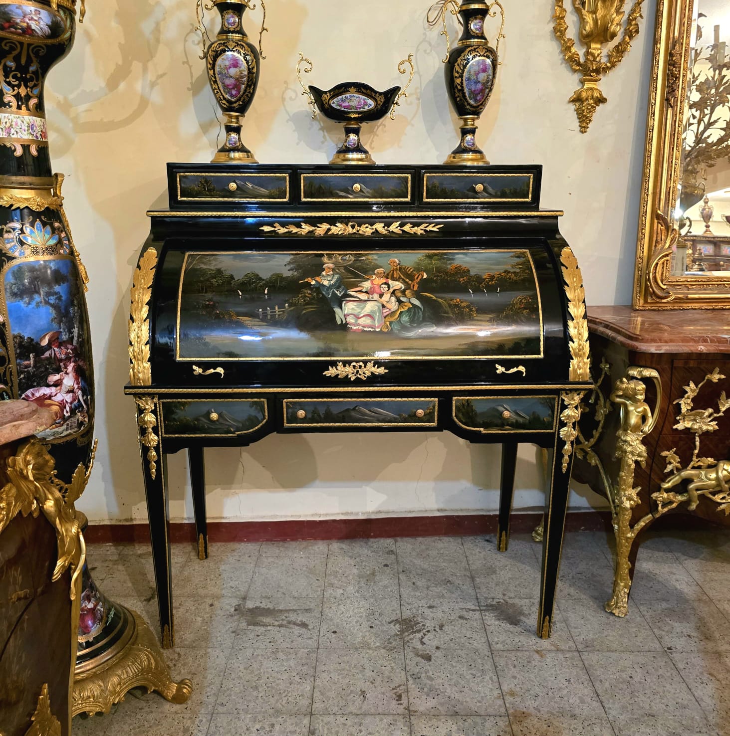 French Louis XV Roll Top Secretary Desk – Hand Painted Black Bureau with Gold Leaf Details