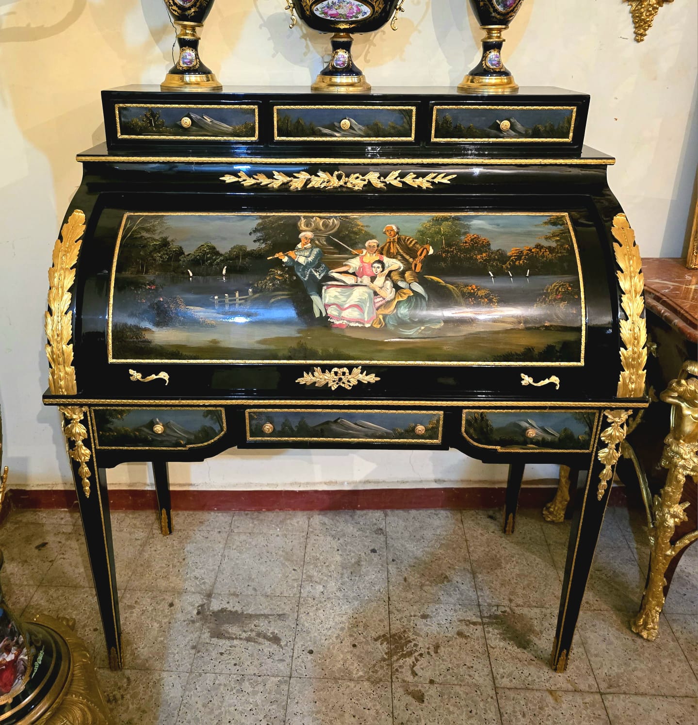 French Louis XV Roll Top Secretary Desk – Hand Painted Black Bureau with Gold Leaf Details