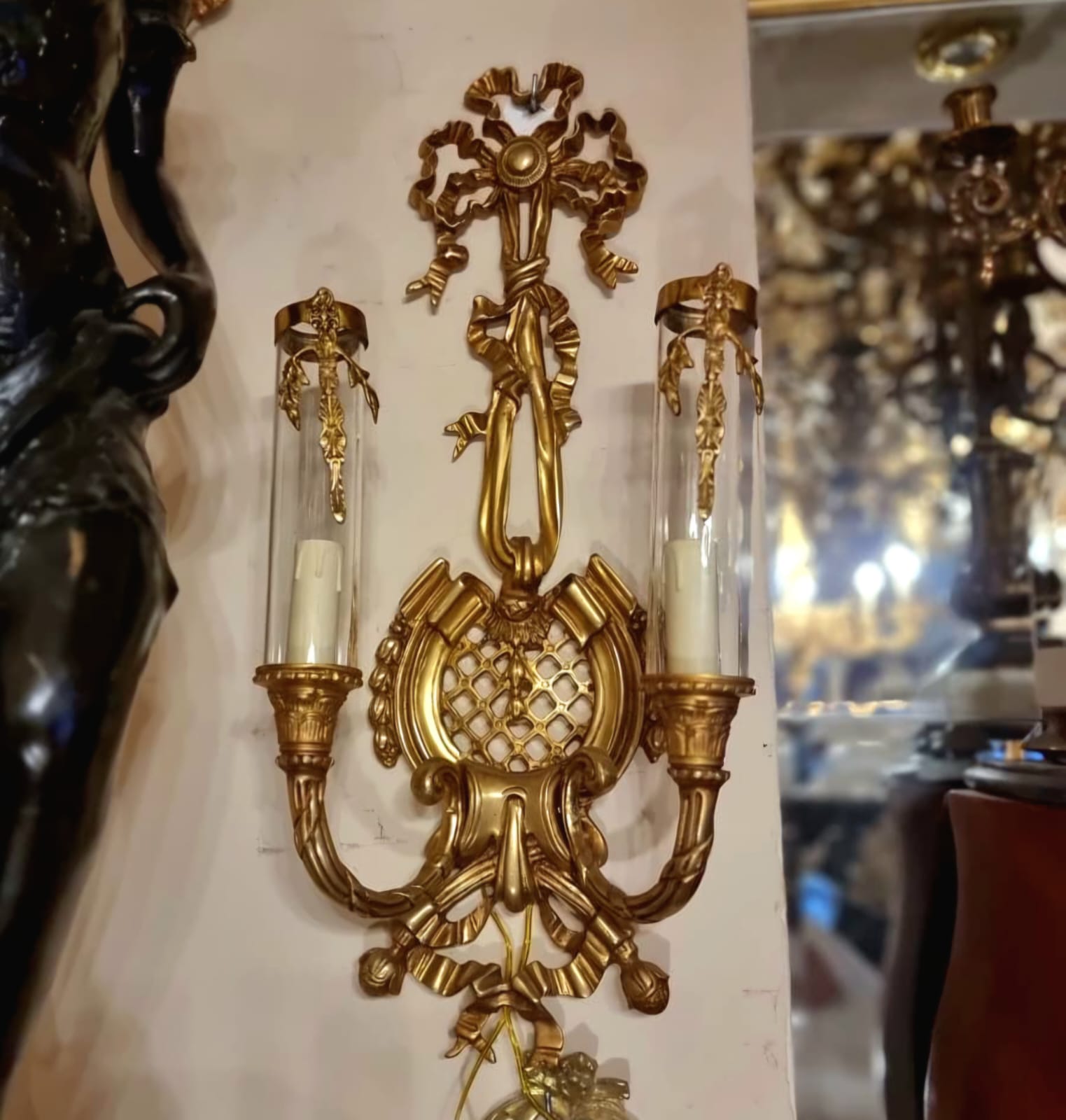 French Rococo Wall Sconce – Gold Leaf Double Arm Lighting with Glass Shades