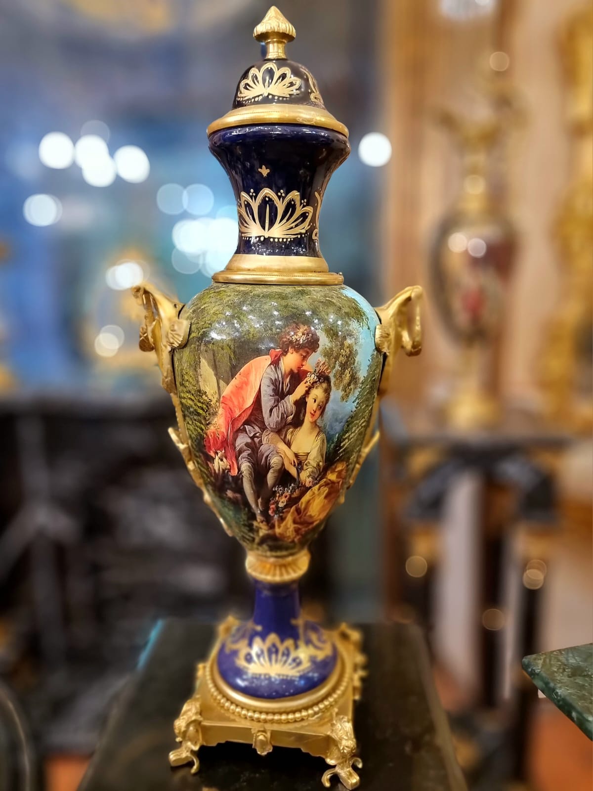Luxury Blue French Porcelain Vase – Romantic Victorian Scene with Gold Accents
