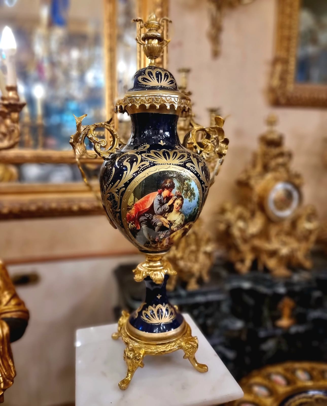 French Porcelain Vase – Blue Romantic Couple with Gold Leaf & Bronze Details
