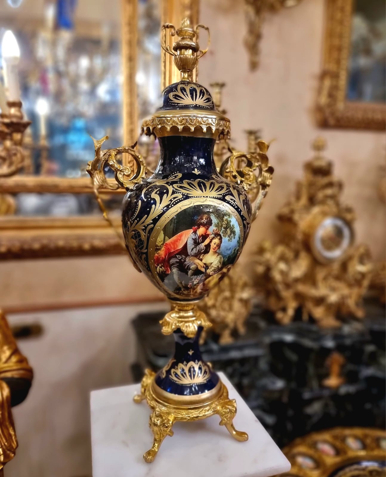 French Porcelain Vase – Blue Romantic Couple with Gold Leaf & Bronze Details