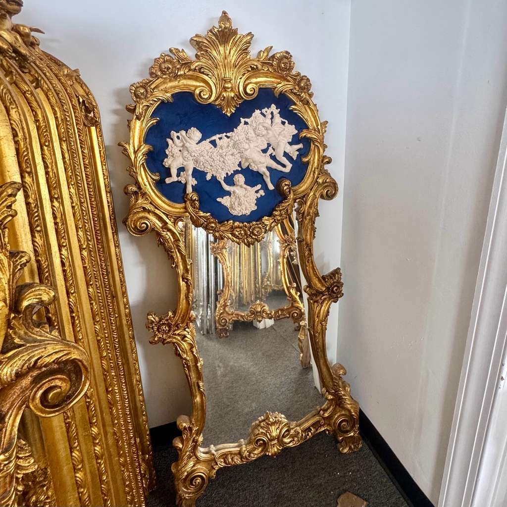 Baroque Rococo Blue Wall Mirror – Ornate Gold Leaf French Frame, 61"H Luxury Statement Mirror