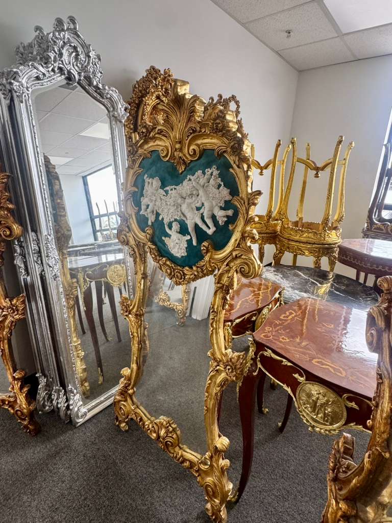 Baroque Rococo Green Wall Mirror – Ornate Gold Leaf French Frame, 61"H Luxury Statement Mirror