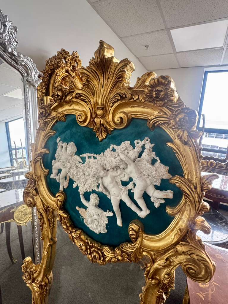 Baroque Rococo Green Wall Mirror – Ornate Gold Leaf French Frame, 61"H Luxury Statement Mirror