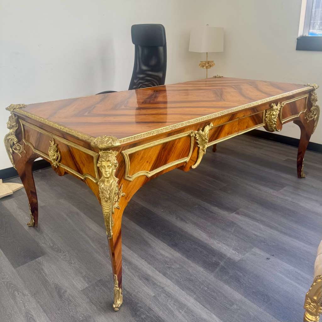 Large French Rococo Executive Desk – Brown Writing Table with Gold Leaf Details & 3 Drawers