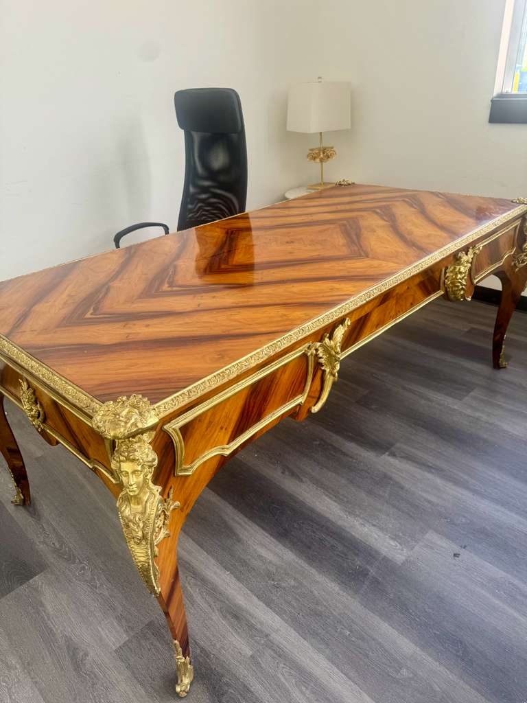 Large French Rococo Executive Desk – Brown Writing Table with Gold Leaf Details & 3 Drawers