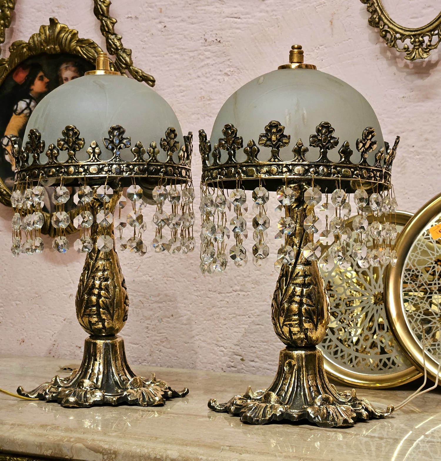 Crystal Fringe Table Lamps with Frosted Glass Shades & Gold and Bronze Base