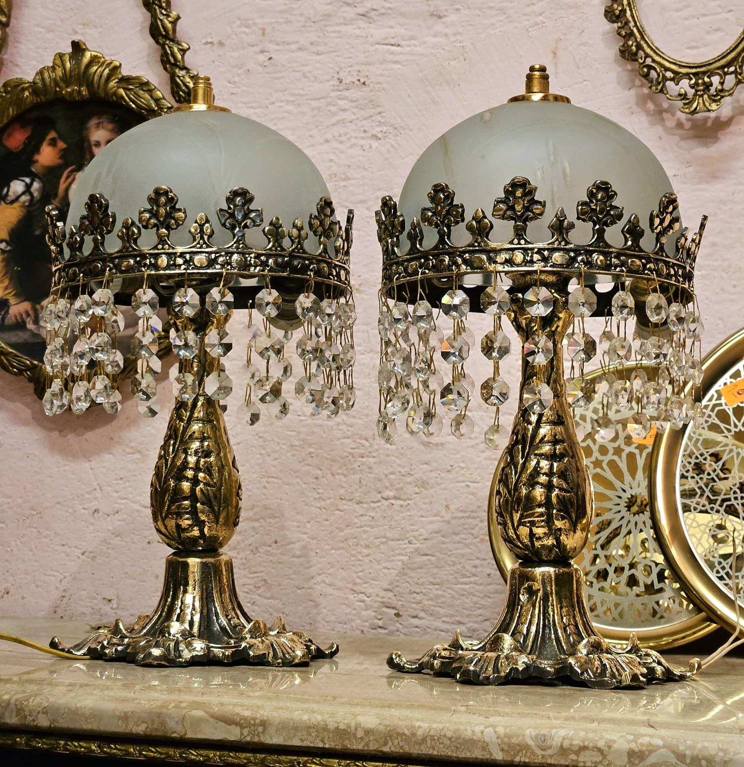 Crystal Fringe Table Lamps with Frosted Glass Shades & Gold and Bronze Base