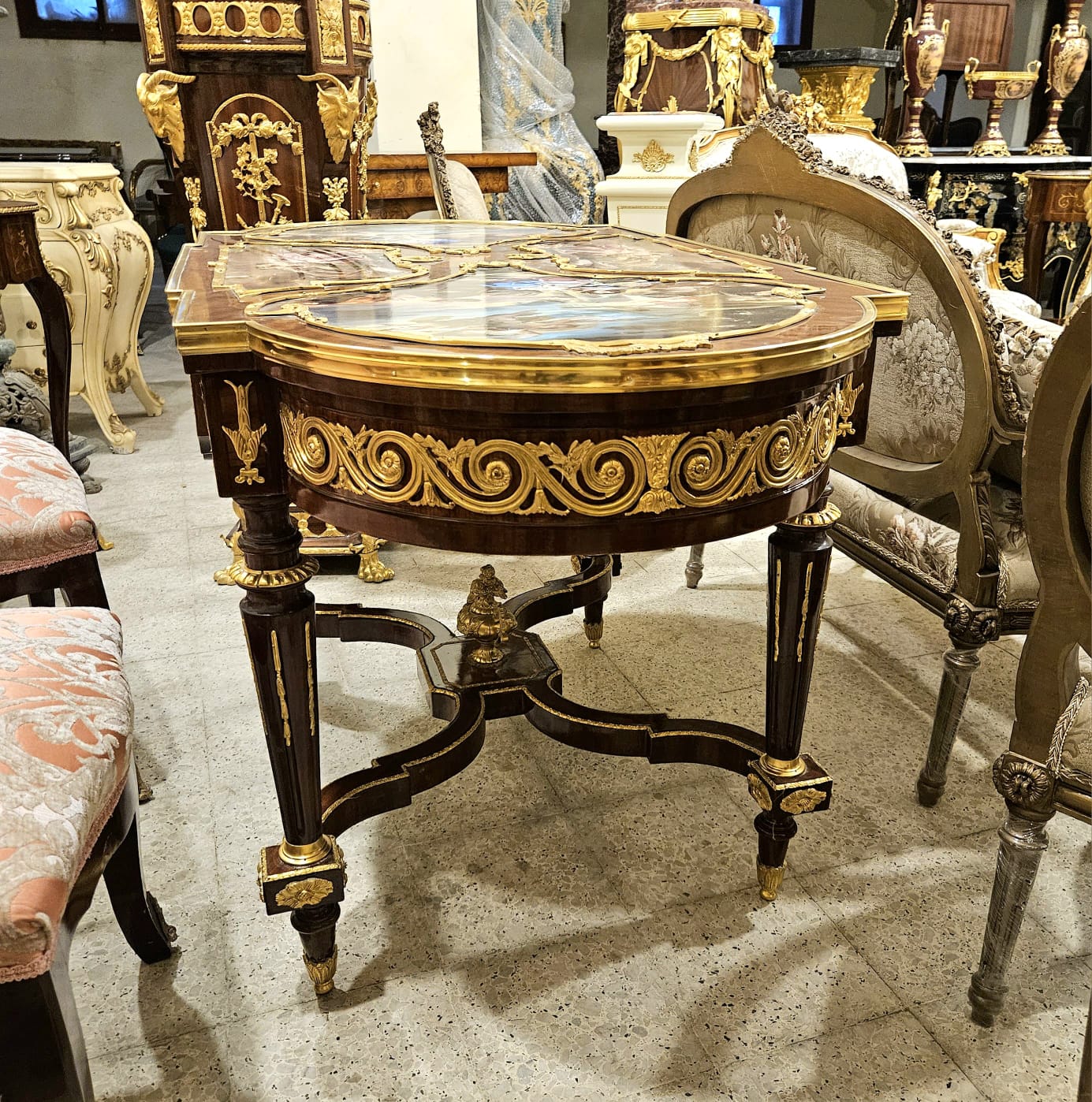 Monumental French Rococo Center Table with Hand-Painted Artwork & Gilded Bronze Details