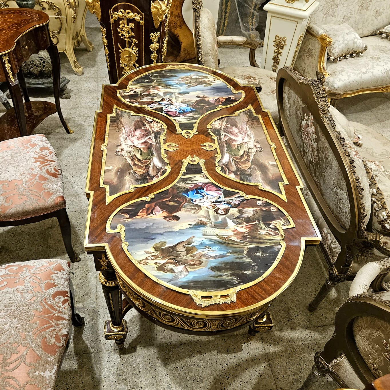 Monumental French Rococo Center Table with Hand-Painted Artwork & Gilded Bronze Details