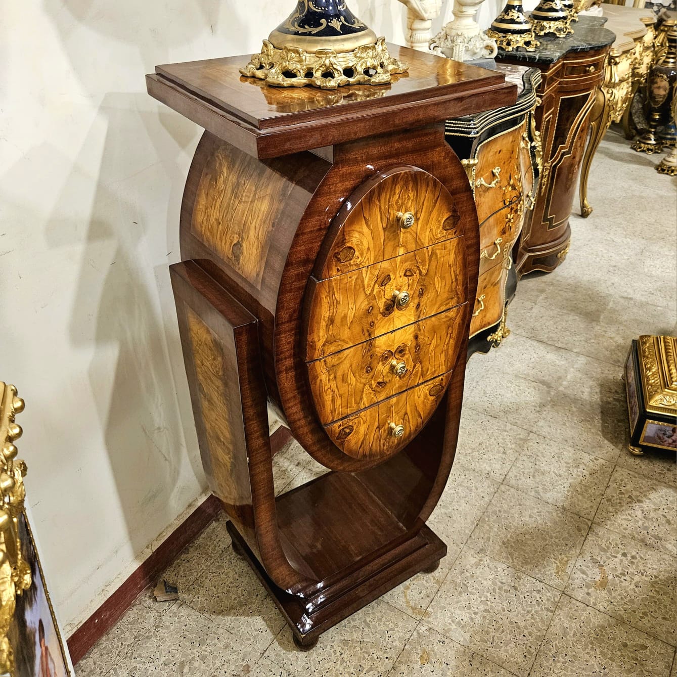 Art Deco Wood Nightstand Chest with 4 Drawers – Handcrafted Burl Wood Accent Cabinet