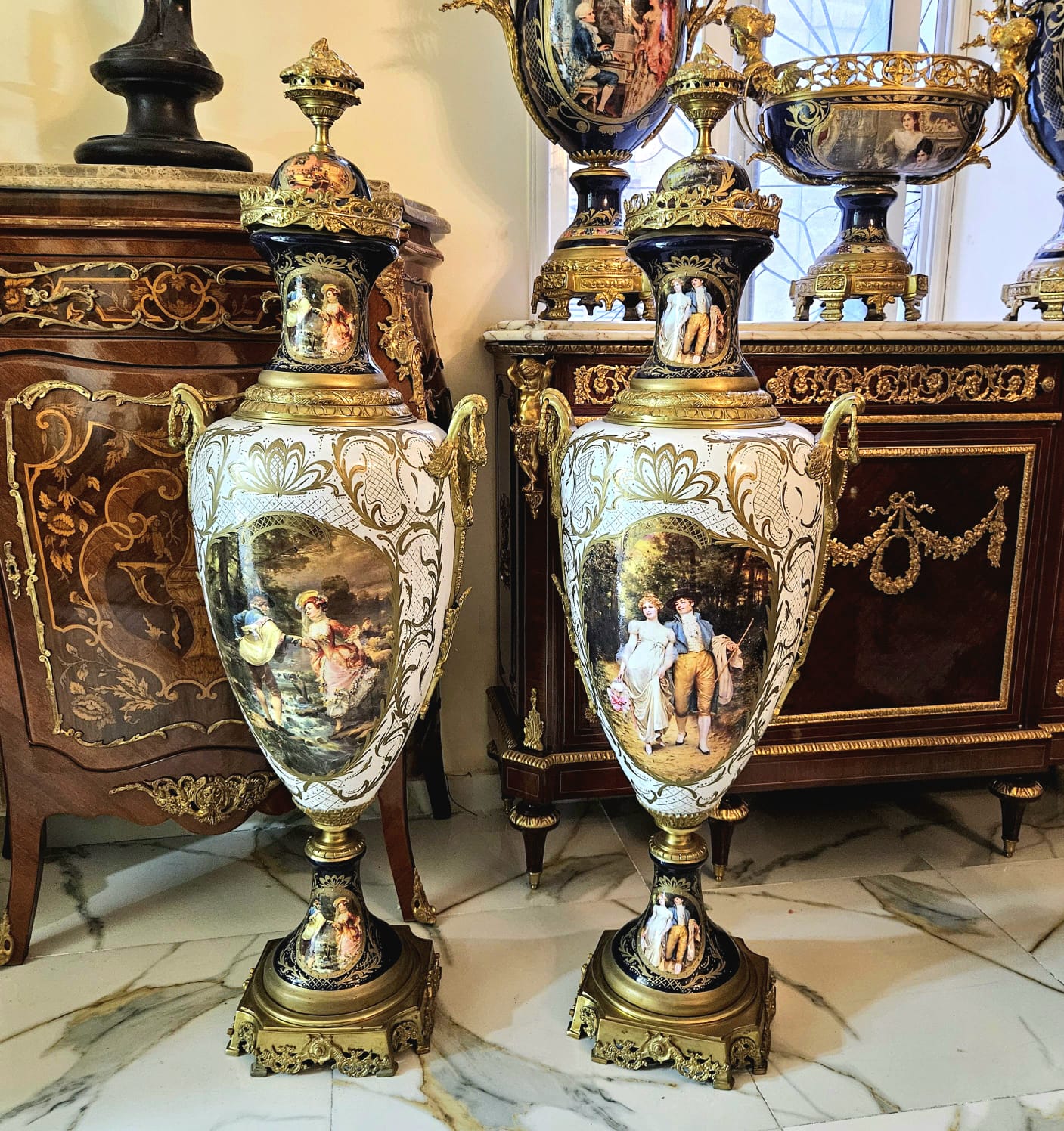 Elegant French Style Porcelain Vase with Romantic Couple Artwork, Gold Leaf & Bronze Accents