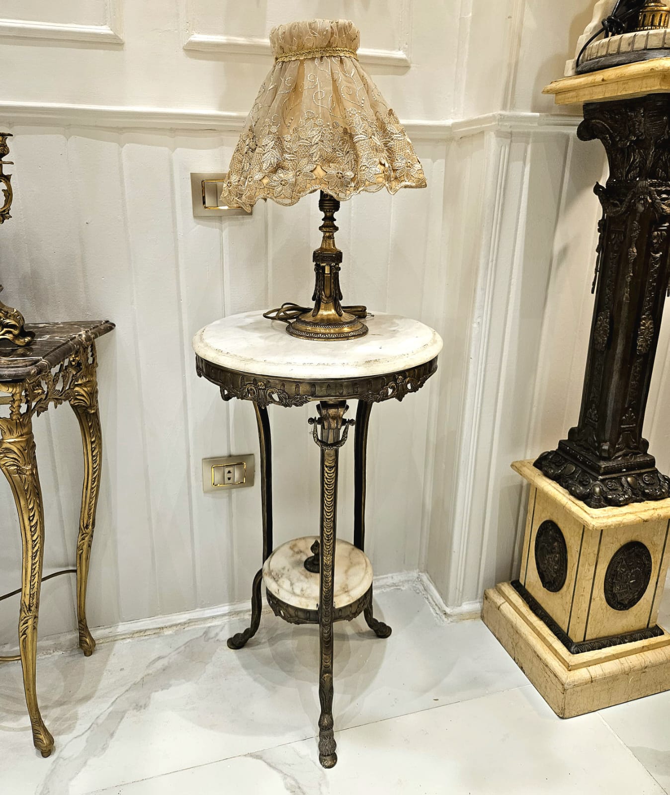 French Rococo Marble Side Table with Gold Leaf Details & Bronze Accents – Three-Leg Accent Table