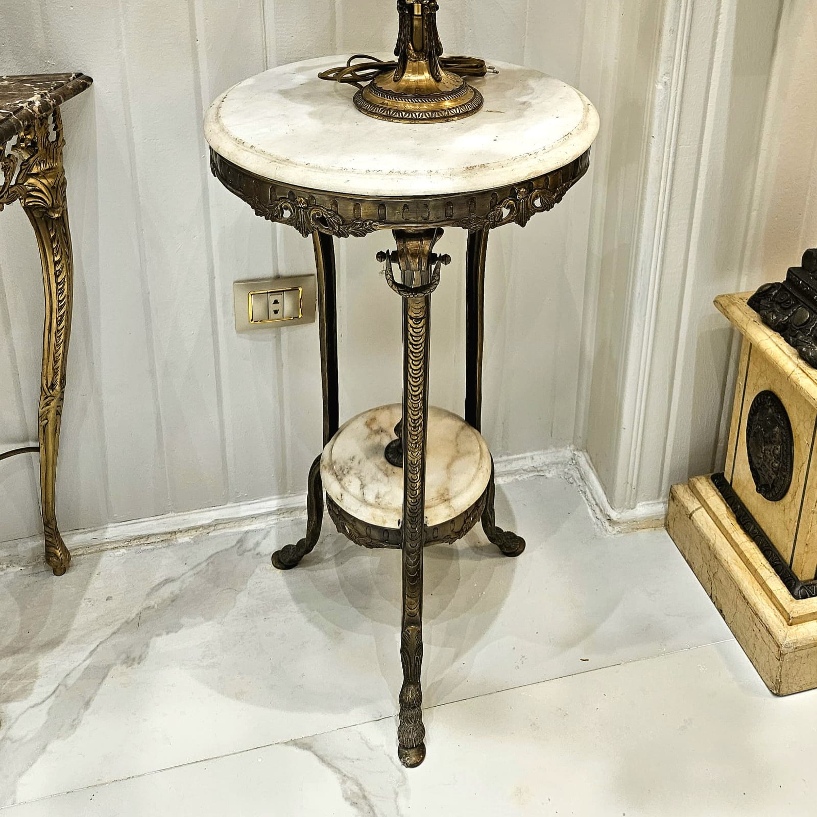 French Rococo Marble Side Table with Gold Leaf Details & Bronze Accents – Three-Leg Accent Table