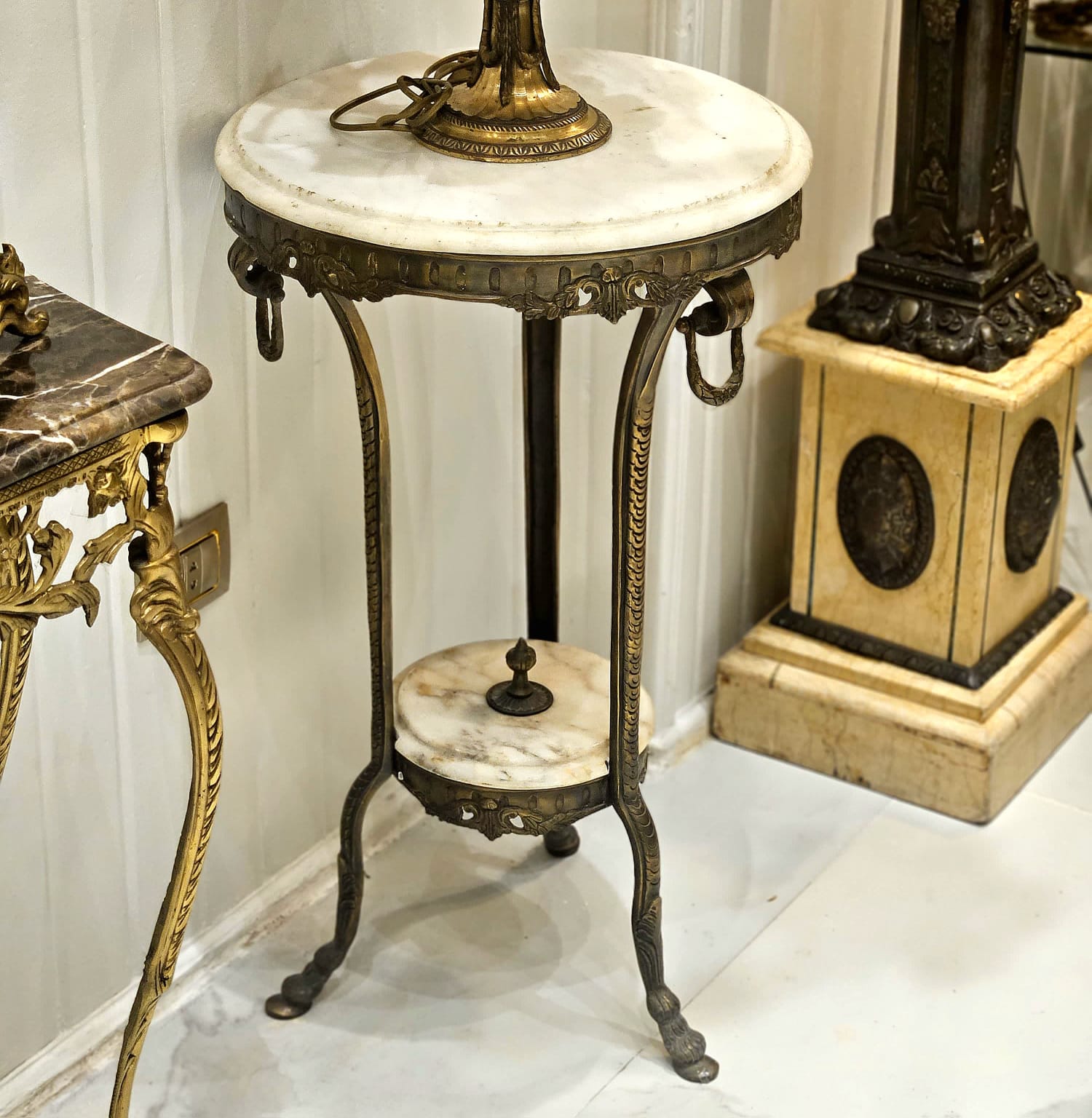 French Rococo Marble Side Table with Gold Leaf Details & Bronze Accents – Three-Leg Accent Table